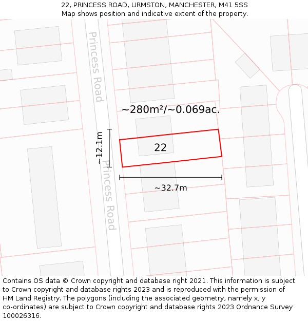 22, PRINCESS ROAD, URMSTON, MANCHESTER, M41 5SS: Plot and title map