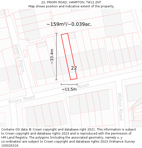 22, PRIORY ROAD, HAMPTON, TW12 2NT: Plot and title map