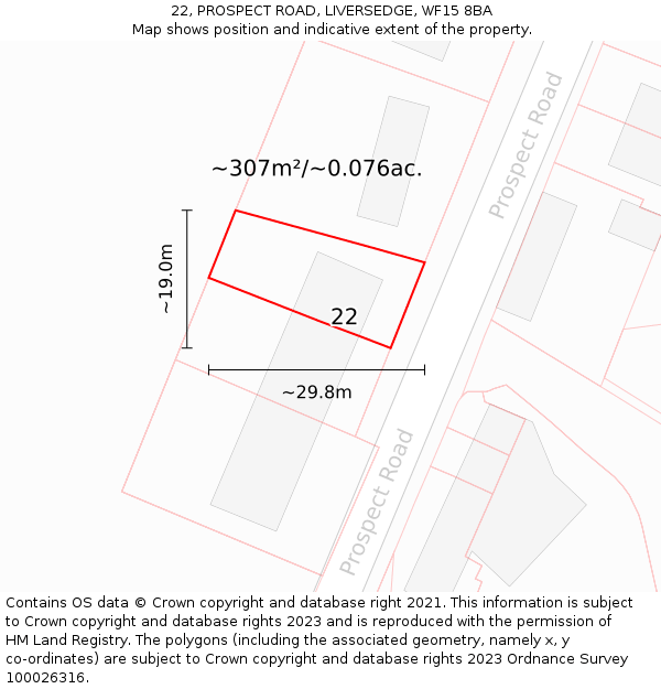 22, PROSPECT ROAD, LIVERSEDGE, WF15 8BA: Plot and title map