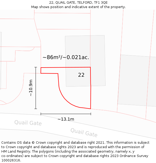 22, QUAIL GATE, TELFORD, TF1 3QE: Plot and title map