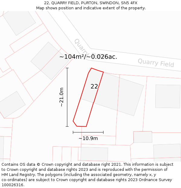 22, QUARRY FIELD, PURTON, SWINDON, SN5 4FX: Plot and title map