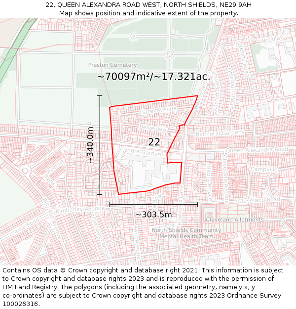 22, QUEEN ALEXANDRA ROAD WEST, NORTH SHIELDS, NE29 9AH: Plot and title map