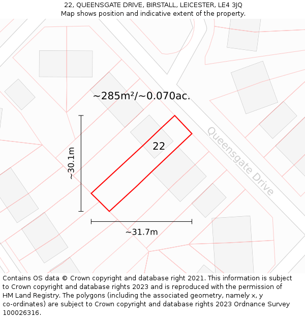 22, QUEENSGATE DRIVE, BIRSTALL, LEICESTER, LE4 3JQ: Plot and title map