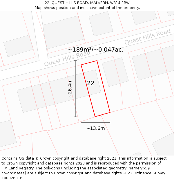 22, QUEST HILLS ROAD, MALVERN, WR14 1RW: Plot and title map