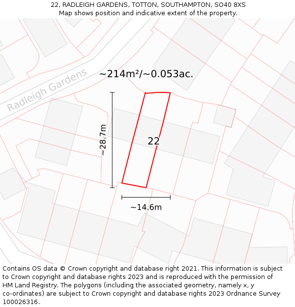 22, RADLEIGH GARDENS, TOTTON, SOUTHAMPTON, SO40 8XS: Plot and title map