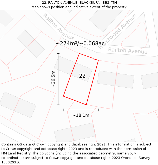 22, RAILTON AVENUE, BLACKBURN, BB2 4TH: Plot and title map