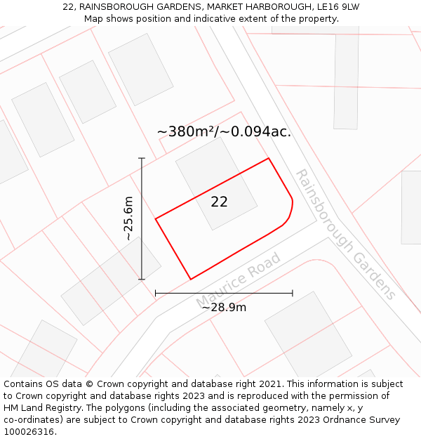 22, RAINSBOROUGH GARDENS, MARKET HARBOROUGH, LE16 9LW: Plot and title map