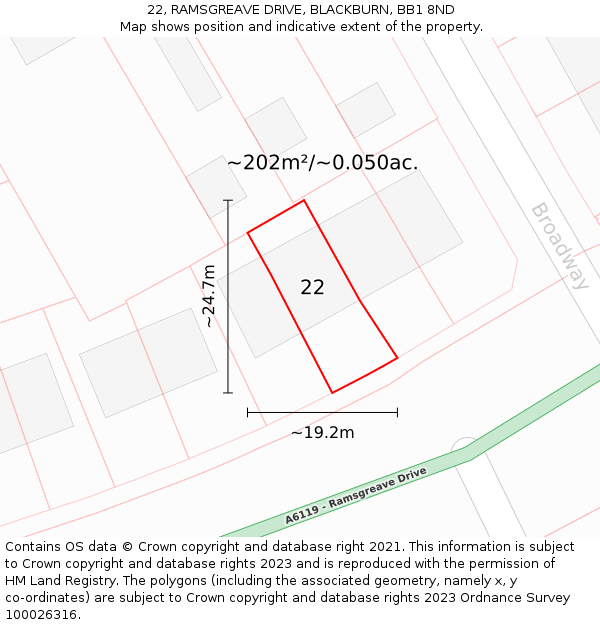 22, RAMSGREAVE DRIVE, BLACKBURN, BB1 8ND: Plot and title map