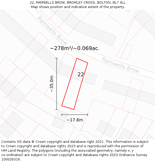 22, RAMWELLS BROW, BROMLEY CROSS, BOLTON, BL7 9LL: Plot and title map