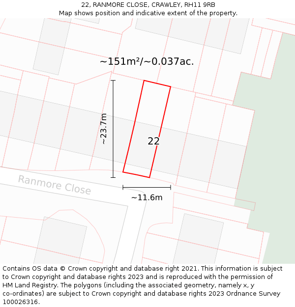 22, RANMORE CLOSE, CRAWLEY, RH11 9RB: Plot and title map