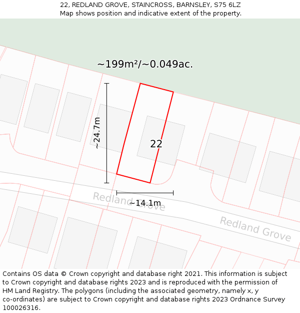 22, REDLAND GROVE, STAINCROSS, BARNSLEY, S75 6LZ: Plot and title map