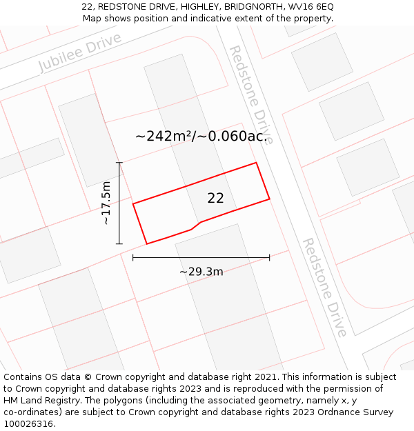 22, REDSTONE DRIVE, HIGHLEY, BRIDGNORTH, WV16 6EQ: Plot and title map