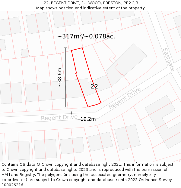 22, REGENT DRIVE, FULWOOD, PRESTON, PR2 3JB: Plot and title map