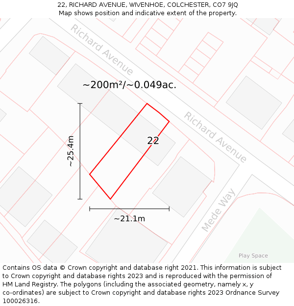 22, RICHARD AVENUE, WIVENHOE, COLCHESTER, CO7 9JQ: Plot and title map