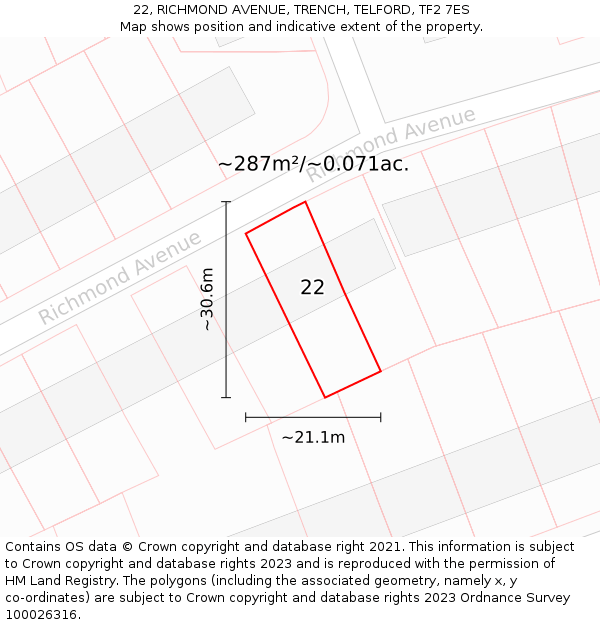 22, RICHMOND AVENUE, TRENCH, TELFORD, TF2 7ES: Plot and title map