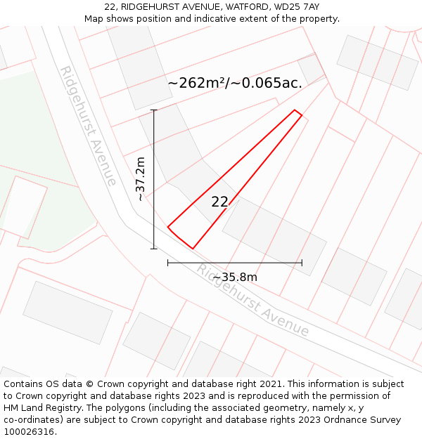 22, RIDGEHURST AVENUE, WATFORD, WD25 7AY: Plot and title map