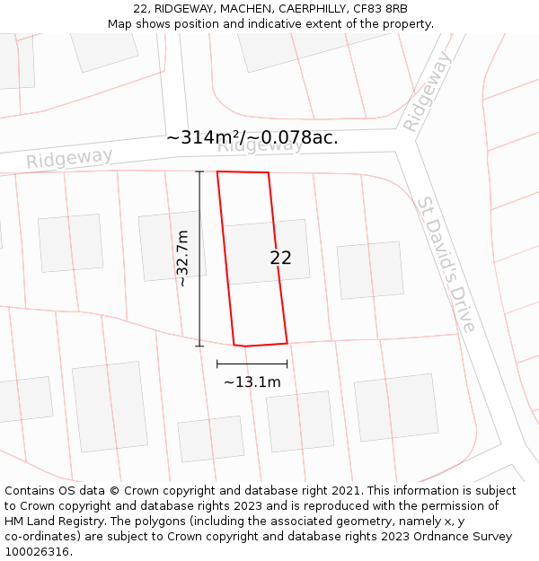 22, RIDGEWAY, MACHEN, CAERPHILLY, CF83 8RB: Plot and title map