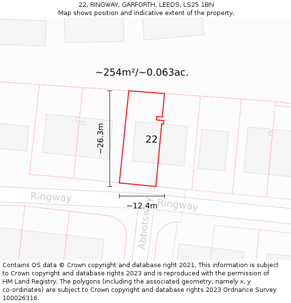 22, RINGWAY, GARFORTH, LEEDS, LS25 1BN: Plot and title map