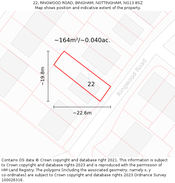 22, RINGWOOD ROAD, BINGHAM, NOTTINGHAM, NG13 8SZ: Plot and title map