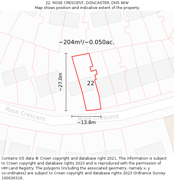 22, ROSE CRESCENT, DONCASTER, DN5 9EW: Plot and title map