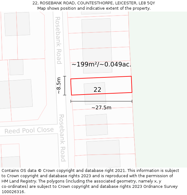 22, ROSEBANK ROAD, COUNTESTHORPE, LEICESTER, LE8 5QY: Plot and title map