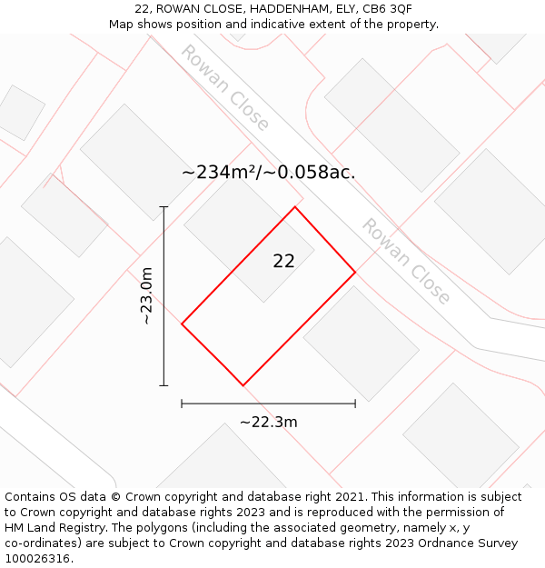 22, ROWAN CLOSE, HADDENHAM, ELY, CB6 3QF: Plot and title map