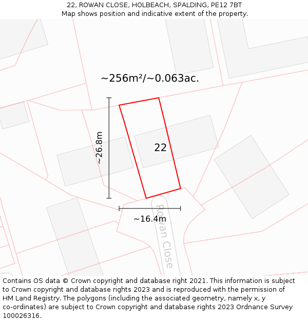 22, ROWAN CLOSE, HOLBEACH, SPALDING, PE12 7BT: Plot and title map