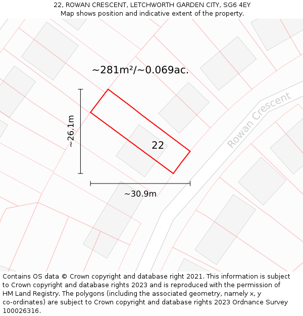 22, ROWAN CRESCENT, LETCHWORTH GARDEN CITY, SG6 4EY: Plot and title map