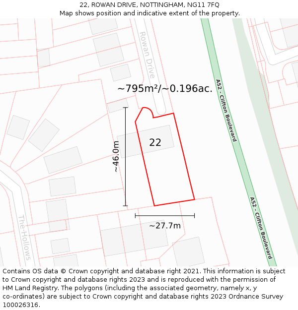 22, ROWAN DRIVE, NOTTINGHAM, NG11 7FQ: Plot and title map