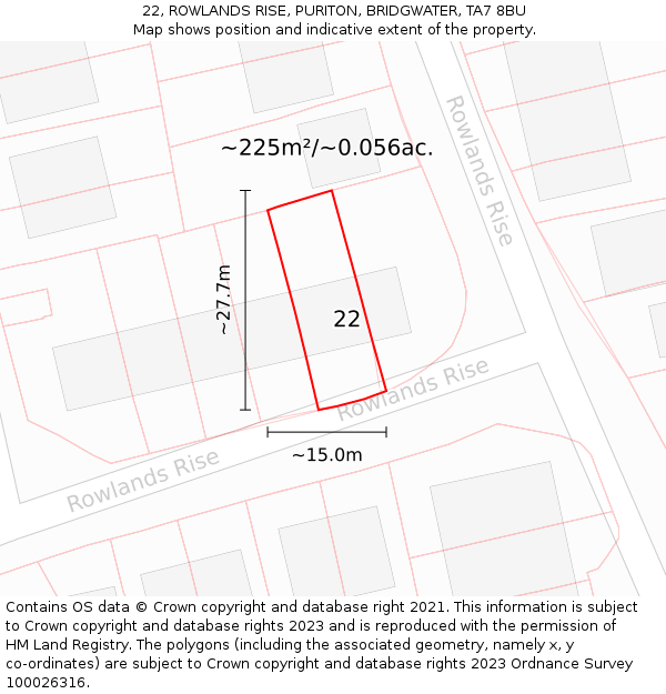22, ROWLANDS RISE, PURITON, BRIDGWATER, TA7 8BU: Plot and title map