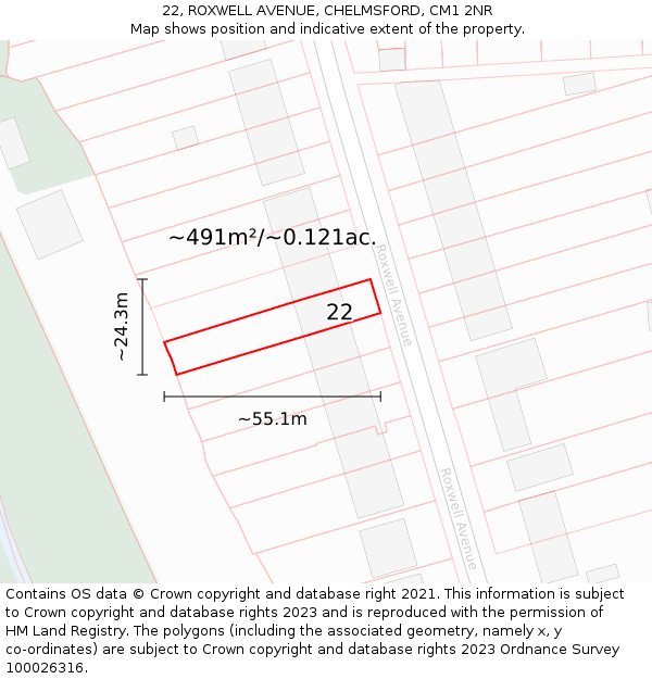 22, ROXWELL AVENUE, CHELMSFORD, CM1 2NR: Plot and title map