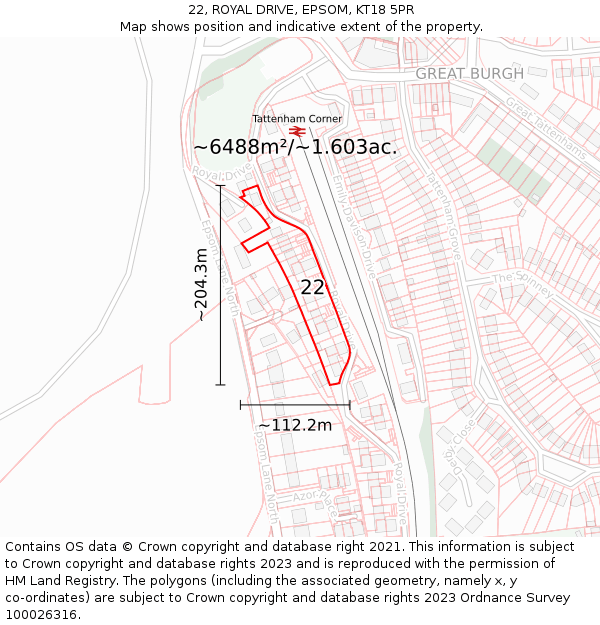 22, ROYAL DRIVE, EPSOM, KT18 5PR: Plot and title map