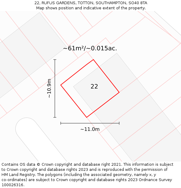 22, RUFUS GARDENS, TOTTON, SOUTHAMPTON, SO40 8TA: Plot and title map