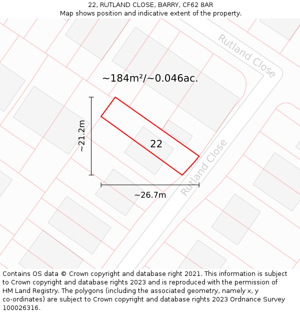 22, RUTLAND CLOSE, BARRY, CF62 8AR: Plot and title map