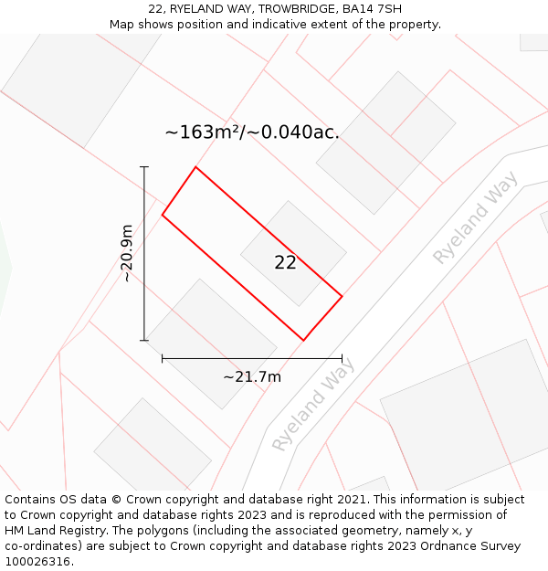 22, RYELAND WAY, TROWBRIDGE, BA14 7SH: Plot and title map