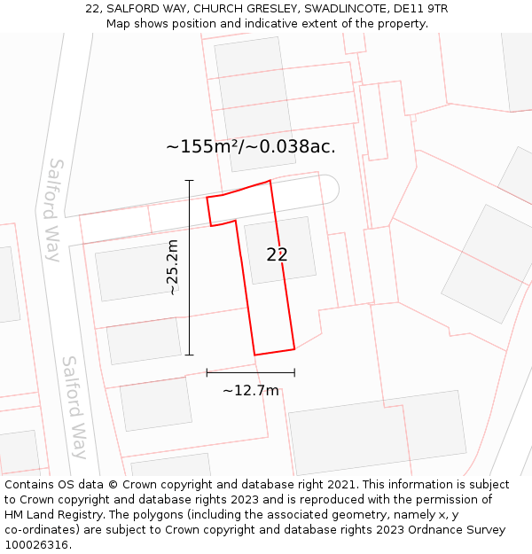 22, SALFORD WAY, CHURCH GRESLEY, SWADLINCOTE, DE11 9TR: Plot and title map