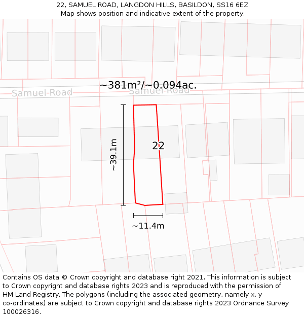 22, SAMUEL ROAD, LANGDON HILLS, BASILDON, SS16 6EZ: Plot and title map