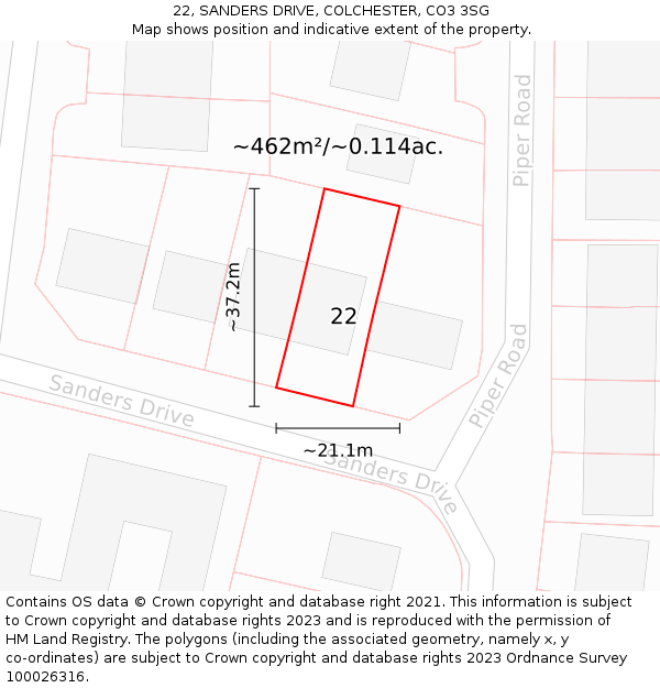 22, SANDERS DRIVE, COLCHESTER, CO3 3SG: Plot and title map