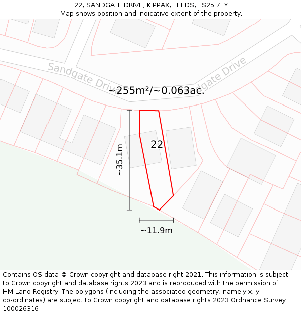 22, SANDGATE DRIVE, KIPPAX, LEEDS, LS25 7EY: Plot and title map