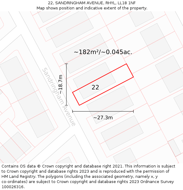 22, SANDRINGHAM AVENUE, RHYL, LL18 1NF: Plot and title map