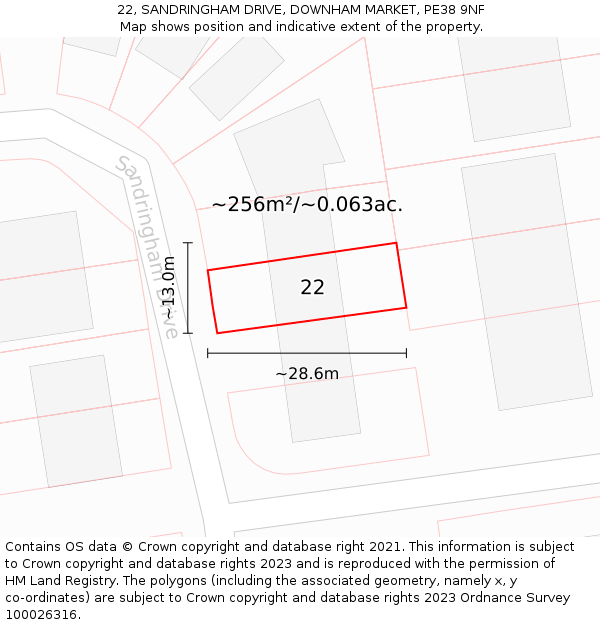 22, SANDRINGHAM DRIVE, DOWNHAM MARKET, PE38 9NF: Plot and title map