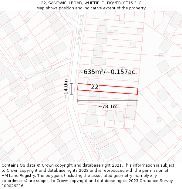 22, SANDWICH ROAD, WHITFIELD, DOVER, CT16 3LG: Plot and title map