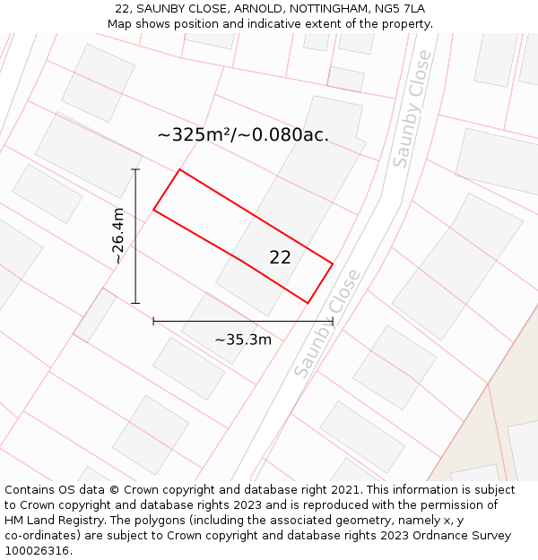 22, SAUNBY CLOSE, ARNOLD, NOTTINGHAM, NG5 7LA: Plot and title map