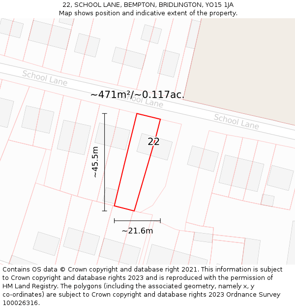 22, SCHOOL LANE, BEMPTON, BRIDLINGTON, YO15 1JA: Plot and title map