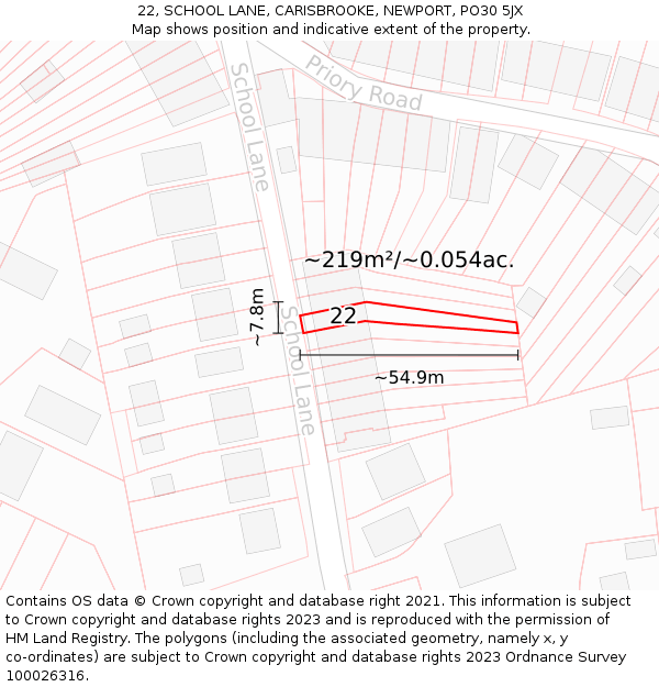 22, SCHOOL LANE, CARISBROOKE, NEWPORT, PO30 5JX: Plot and title map