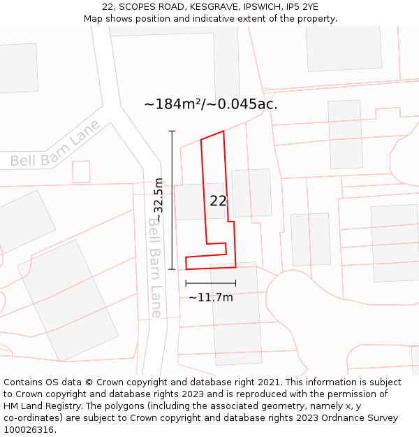 22, SCOPES ROAD, KESGRAVE, IPSWICH, IP5 2YE: Plot and title map