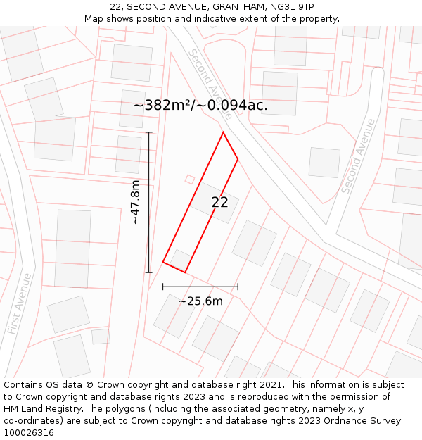 22, SECOND AVENUE, GRANTHAM, NG31 9TP: Plot and title map