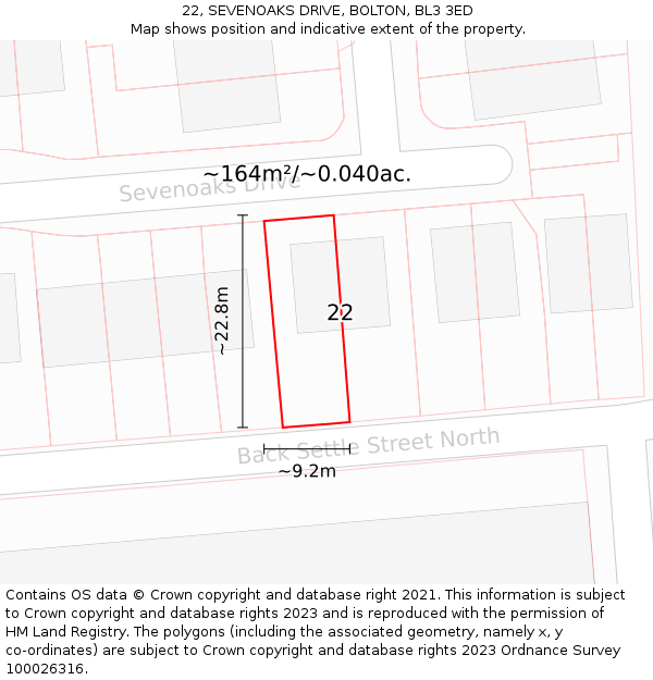 22, SEVENOAKS DRIVE, BOLTON, BL3 3ED: Plot and title map