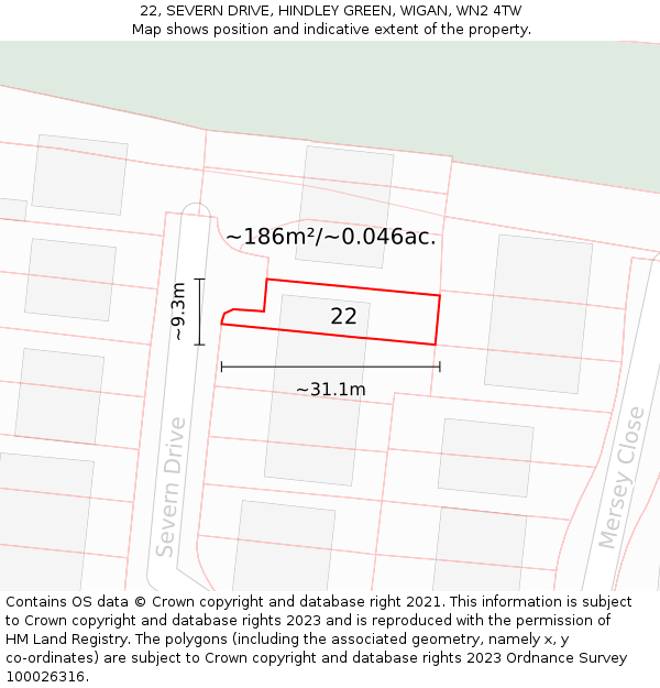 22, SEVERN DRIVE, HINDLEY GREEN, WIGAN, WN2 4TW: Plot and title map