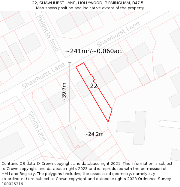 22, SHAWHURST LANE, HOLLYWOOD, BIRMINGHAM, B47 5HL: Plot and title map